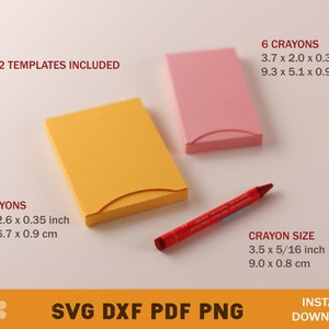 Peut inclure: Deux mod&egrave;les pour r&eacute;aliser des bo&icirc;tes &agrave; crayons, l'une pour 6 crayons et l'autre pour 8 crayons. Les mod&egrave;les sont pr&eacute;sent&eacute;s sous la forme de bo&icirc;tes jaunes et roses aux bords arrondis. Les bo&icirc;tes ont une &eacute;paisseur de 0,35 pouce. La taille des crayons est de 3,5 pouces par 5/16 pouces. Les mod&egrave;les sont disponibles aux formats SVG, DXF, PDF et PNG.