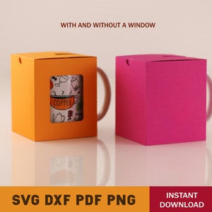 May include: Two mug boxes, one orange and one pink, with a window and without a window. The box with a window shows a mug with a coffee cup and the text "COFFEE" on it.