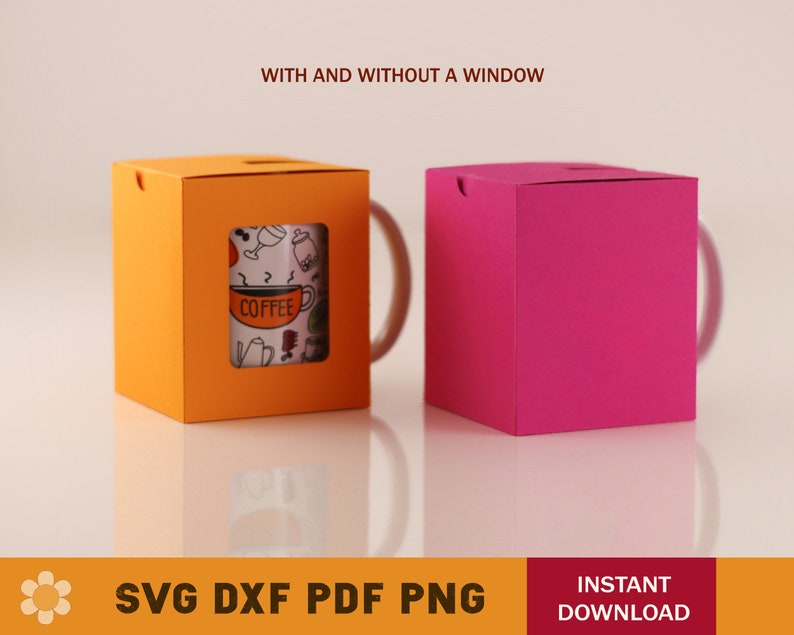 May include: Two mug boxes, one orange and one pink, with a window and without a window. The box with a window shows a mug with a coffee cup and the text "COFFEE" on it.