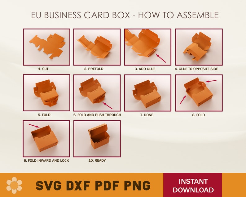 May include: A step-by-step guide on how to assemble a business card box. The guide shows 10 steps with images of each step. The box is made of orange cardstock.
