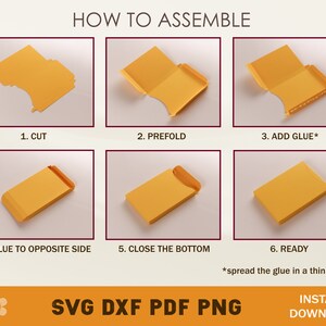 Peut inclure: Un guide en six &eacute;tapes sur la fa&ccedil;on d'assembler une bo&icirc;te en papier. Les &eacute;tapes sont illustr&eacute;es par des images d'une bo&icirc;te en papier jaune en cours d'assemblage. Le texte comprend "Couper", "Pr&eacute;plier", "Ajouter de la colle", "Coller sur le c&ocirc;t&eacute; oppos&eacute;", "Fermer le fond" et "Pr&ecirc;t".