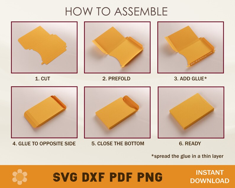 Peut inclure: Un guide en six &eacute;tapes sur la fa&ccedil;on d'assembler une bo&icirc;te en papier. Les &eacute;tapes sont illustr&eacute;es par des images d'une bo&icirc;te en papier jaune en cours d'assemblage. Le texte comprend "Couper", "Pr&eacute;plier", "Ajouter de la colle", "Coller sur le c&ocirc;t&eacute; oppos&eacute;", "Fermer le fond" et "Pr&ecirc;t".