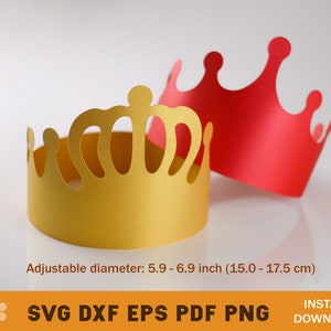 May include: Two paper crowns, one gold and one red, with a cutout design. The gold crown is adjustable and has a diameter of 5.9 to 6.9 inches (15.0 to 17.5 cm).
