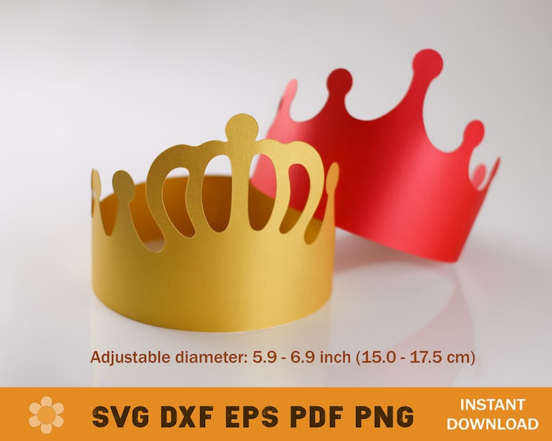 May include: Two paper crowns, one gold and one red, with a cutout design. The gold crown is adjustable and has a diameter of 5.9 to 6.9 inches (15.0 to 17.5 cm).