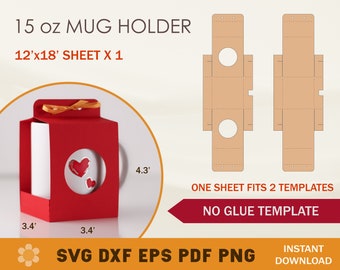 Plantilla SVG para portavasos de 15 oz: Caja para tazas sin pegamento, archivos de corte para Cricut y Silhouette