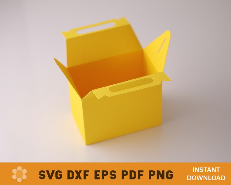 May include: A yellow paper box with a handle on the top and a flap on the side. The box is open and empty.