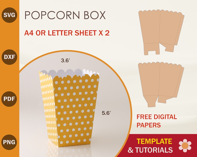 Puede incluir: Una plantilla imprimible para una caja de palomitas de ma&iacute;z, con un patr&oacute;n de lunares amarillos y blancos. La plantilla est&aacute; dise&ntilde;ada para imprimirse en dos hojas de papel tama&ntilde;o A4. La plantilla incluye instrucciones de montaje y papeles digitales gratuitos.