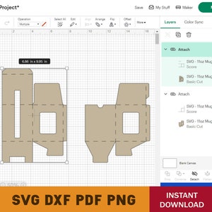 May include: A digital design template for a 11oz mug box. The template shows the box unfolded with score lines and cut lines indicated. The design is for a 11oz mug box.