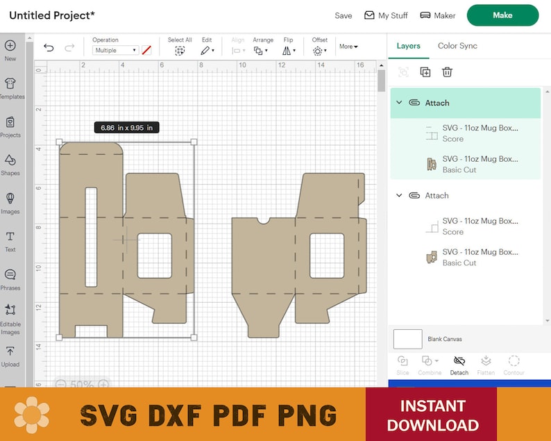 May include: A digital design template for a 11oz mug box. The template shows the box unfolded with score lines and cut lines indicated. The design is for a 11oz mug box.