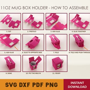 May include: Diagram showing how to assemble a pink 11oz mug box holder. The steps are illustrated with images of the box in different stages of assembly. The final image shows the completed box with a mug inside.
