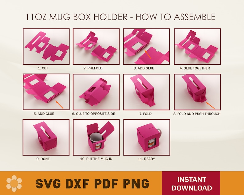 May include: Diagram showing how to assemble a pink 11oz mug box holder. The steps are illustrated with images of the box in different stages of assembly. The final image shows the completed box with a mug inside.