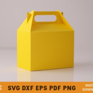 May include: A yellow cardboard box with a handle on the top. The box is designed to be folded and assembled.