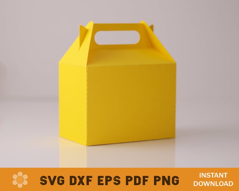 May include: A yellow cardboard box with a handle on the top. The box is designed to be folded and assembled.
