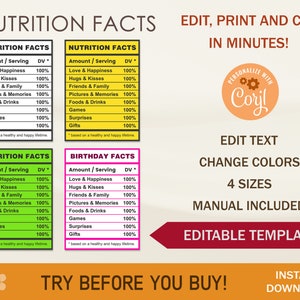 Modèle de valeur nutritive, étiquette de valeur nutritive, étiquette de boîte de faveur, modèle modifiable, modèle imprimable, PDF, PNG, JPG, modifier avec Corjl
