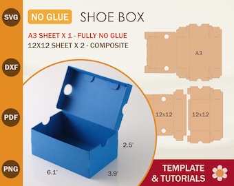 May include: A blue shoe box template with dimensions of 15.5 cm by 10 cm by 6.4 cm. The template is made for a shoe box that can be assembled without glue. The template is available in A3 and 12x12 sheet sizes.