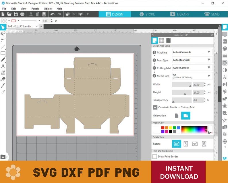 May include: A computer screen displaying a design for a standing business card box in a software program. The design is for a box that is 29.70 cm wide and 21.00 cm high. The software program is called Silhouette Studio Designer Edition.