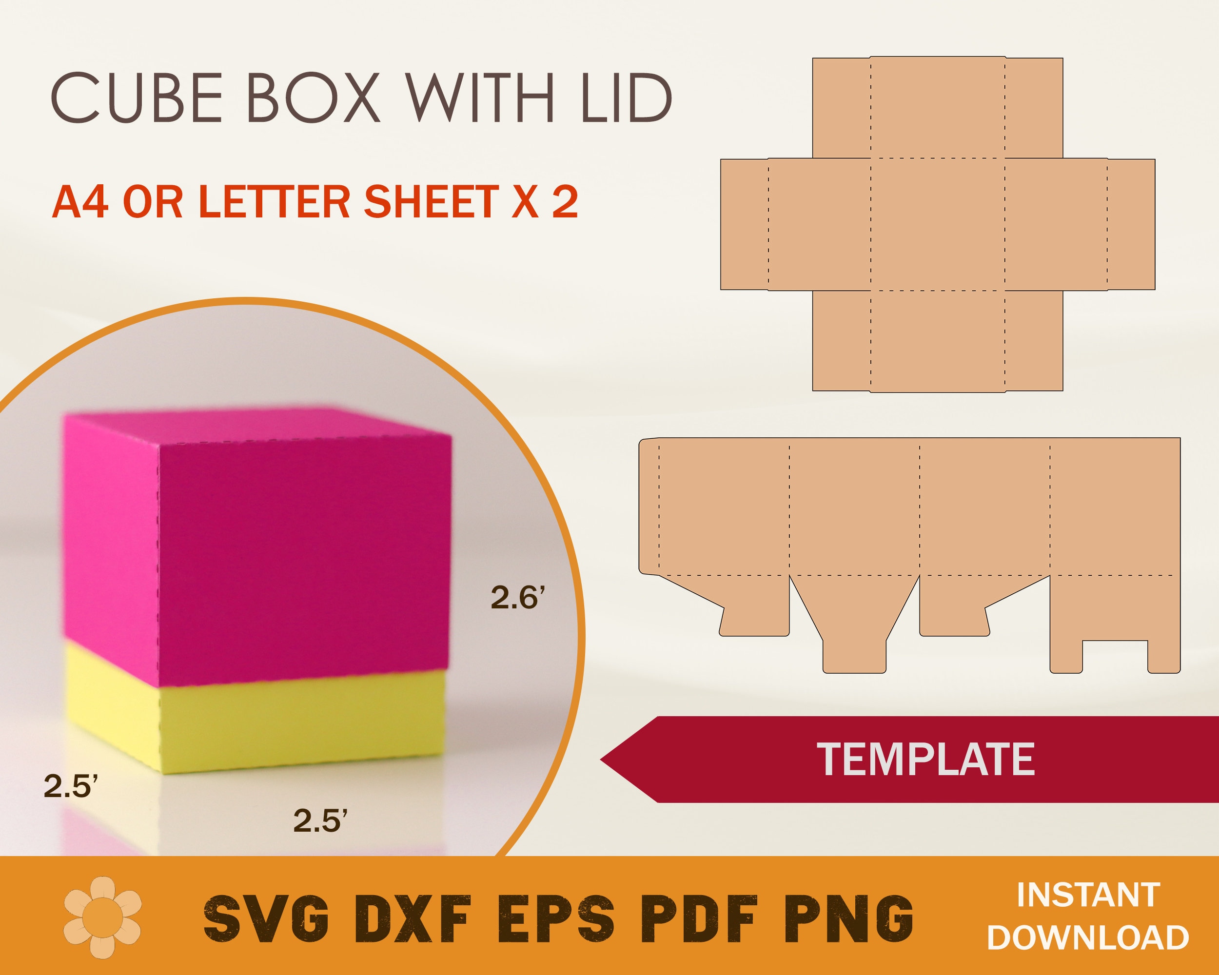 Box with lid template, square box with lid, Cricut, SVG, PDF