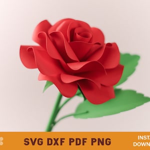 May include: A red paper rose with green leaves. The rose is made of multiple layers of paper, giving it a 3D effect. The rose is a popular craft project and can be used for decorations, gifts, or as a centerpiece.