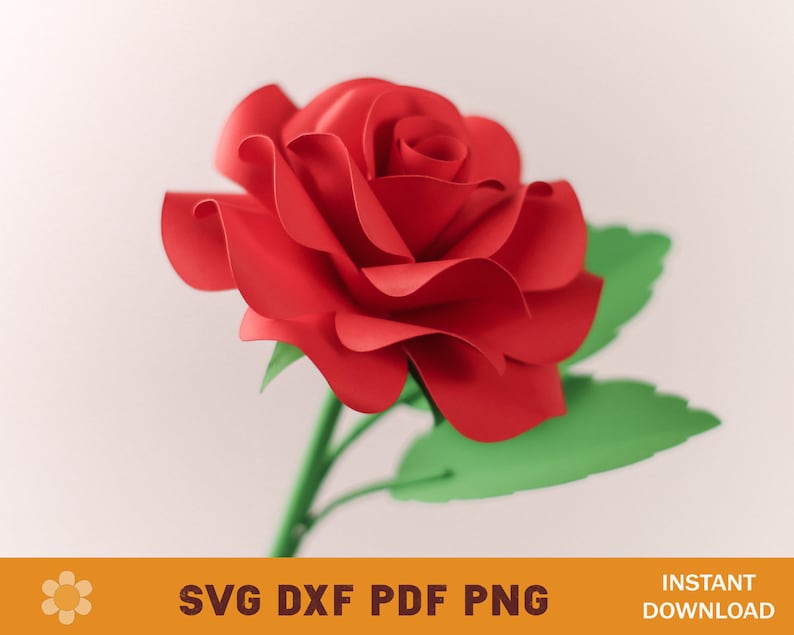 May include: A red paper rose with green leaves. The rose is made of multiple layers of paper, giving it a 3D effect. The rose is a popular craft project and can be used for decorations, gifts, or as a centerpiece.