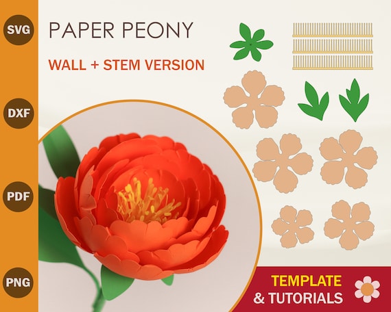 Paper Peony SVG Template, DIY Flower Cut Files (pdf, dxf, png)
