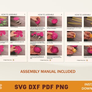 May include: A digital download of a paper flower craft project. The image shows a step-by-step assembly guide for a pink peony flower. The instructions include cutting, folding, and gluing paper petals to create a 3D flower.