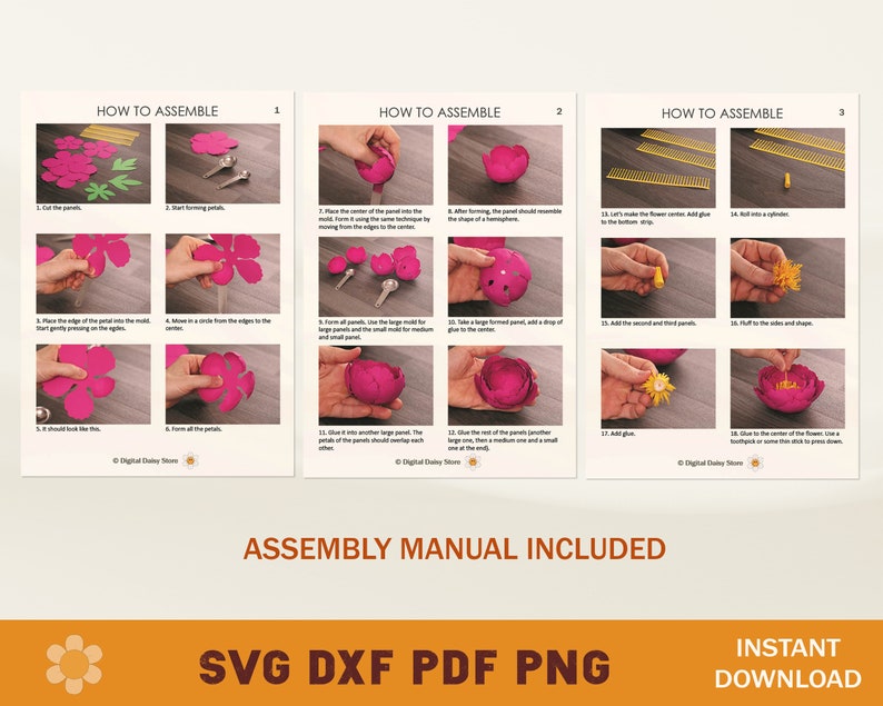 May include: A digital download of a paper flower craft project. The image shows a step-by-step assembly guide for a pink peony flower. The instructions include cutting, folding, and gluing paper petals to create a 3D flower.