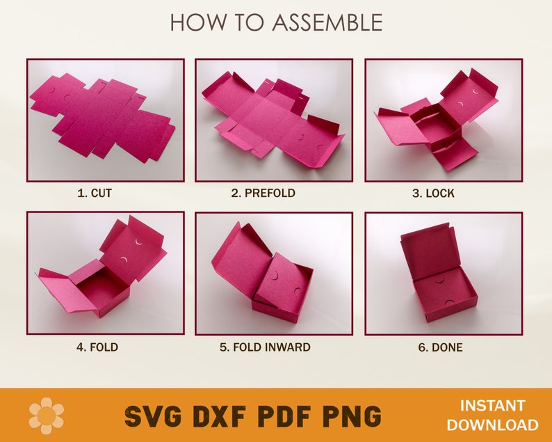 Puede incluir: Una gu&iacute;a de seis pasos sobre c&oacute;mo ensamblar una caja de papel rosa. Los pasos son: 1. Cortar, 2. Preplegar, 3. Bloquear, 4. Doblar, 5. Doblar hacia adentro, 6. Listo.