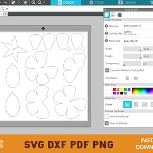 May include: A computer screen displaying a design program with a white background and several black outlines of flowers and leaves. The design program has a menu bar at the top and a side panel on the right. The side panel shows the design area setup, including the machine, cutting mat, media size, width, height, transparency, constrain media to cutting mat, orientation, media color, rotate view, rotate, print and cut borders, show print border, and show cut border.