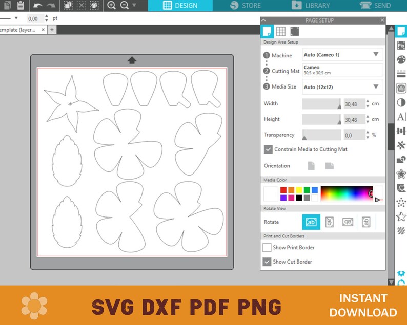 May include: A computer screen displaying a design program with a white background and several black outlines of flowers and leaves. The design program has a menu bar at the top and a side panel on the right. The side panel shows the design area setup, including the machine, cutting mat, media size, width, height, transparency, constrain media to cutting mat, orientation, media color, rotate view, rotate, print and cut borders, show print border, and show cut border.