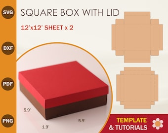 Modelo SVG para caixa quadrada com tampa: arquivos de corte Cricut e Silhouette para caixa de presente (download digital)