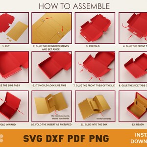 May include: A step-by-step guide on how to assemble a red and gold box. The instructions include 12 steps with illustrations of each step. The text includes the words "How to Assemble", "Cut", "Glue the Reinforcements", "Prefold", "Glue the Front Tab", "Glue the Side Tabs", "It Should Look Like This", "Glue the Front Tabs of the Lid", "Glue the Side Tabs of the Lid", "Fold Inward", "Fold the Insert as Pictured", "Glue into the Box", and "Ready".