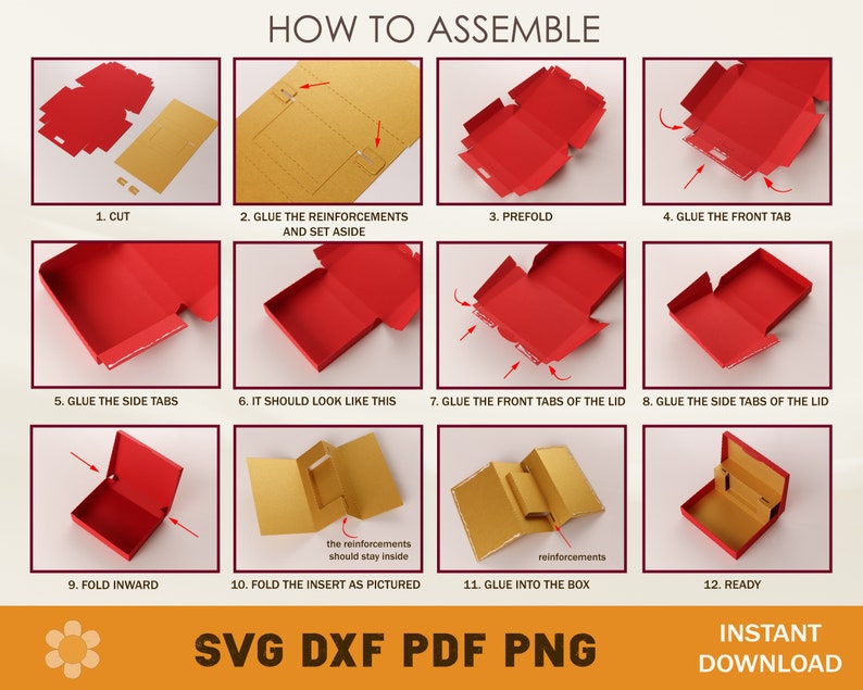 May include: A step-by-step guide on how to assemble a red and gold box. The instructions include 12 steps with illustrations of each step. The text includes the words "How to Assemble", "Cut", "Glue the Reinforcements", "Prefold", "Glue the Front Tab", "Glue the Side Tabs", "It Should Look Like This", "Glue the Front Tabs of the Lid", "Glue the Side Tabs of the Lid", "Fold Inward", "Fold the Insert as Pictured", "Glue into the Box", and "Ready".