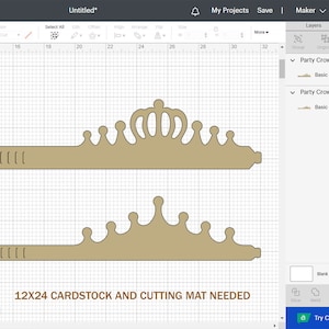 May include: A digital design for a party crown, shown on a computer screen. The design is for a 12x24 inch cardstock and cutting mat. The crown is gold and has a pointed top with a rounded base.