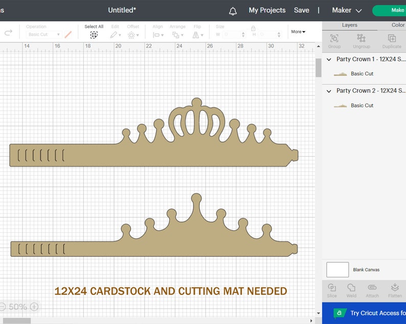 May include: A digital design for a party crown, shown on a computer screen. The design is for a 12x24 inch cardstock and cutting mat. The crown is gold and has a pointed top with a rounded base.
