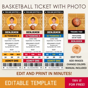 Billet de basket-ball avec photo, modèle d'invitation d'anniversaire, billet de sport, invitation modifiable, PDF, PNG, JPG, modifier avec Corjl