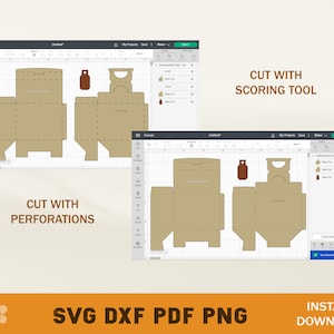 Pode incluir: Um ecr&atilde; de computador a mostrar um programa de design com um modelo de caixa castanho. O modelo &eacute; mostrado com linhas de corte e linhas de pontua&ccedil;&atilde;o. O texto "CUT WITH PERFORATIONS" e "CUT WITH SCORING TOOL" &eacute; mostrado abaixo das imagens. O texto "SVG DXF PDF PNG" e "INSTANT DOWNLOAD" &eacute; mostrado na parte inferior da imagem.