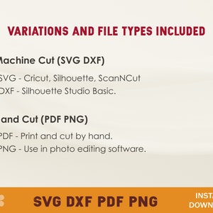 May include: Text graphic with the title "Variations and File Types Included" and a list of file types for machine cut and hand cut designs. The file types include SVG, DXF, PDF, and PNG. The text "SVG DXF PDF PNG" is displayed in a larger font size at the bottom of the graphic.