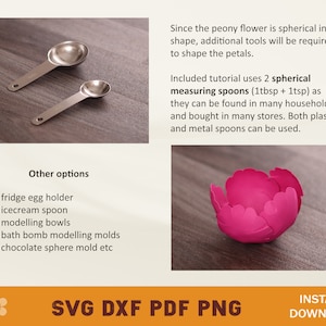May include: Two silver measuring spoons, one larger than the other, on a wooden surface. The spoons are spherical in shape. The text "Included tutorial uses 2 spherical measuring spoons (1tbsp + 1tsp) as they can be found in many households and bought in many stores. Both plastic and metal spoons can be used." is visible below the spoons.