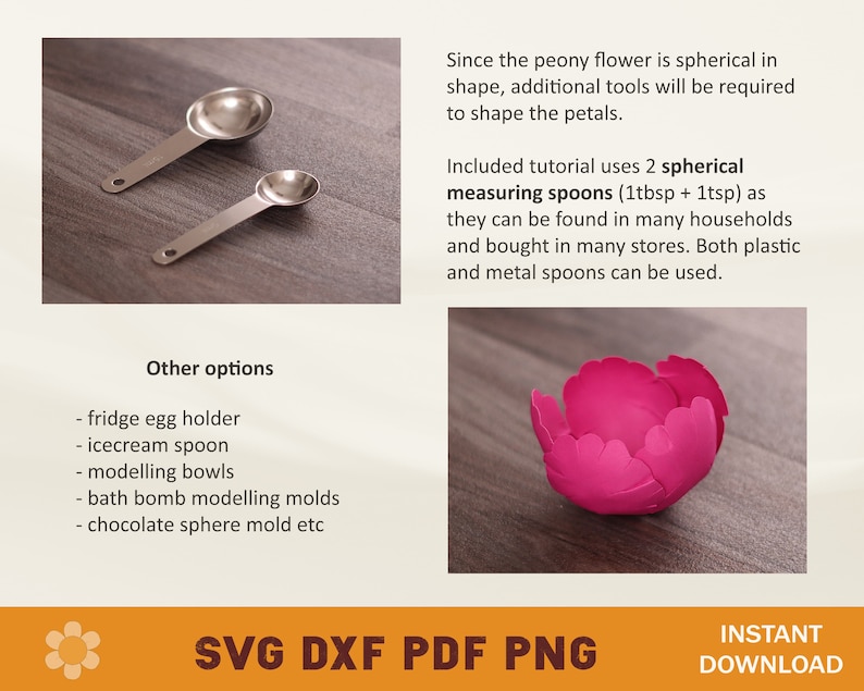 May include: Two silver measuring spoons, one larger than the other, on a wooden surface. The spoons are spherical in shape. The text "Included tutorial uses 2 spherical measuring spoons (1tbsp + 1tsp) as they can be found in many households and bought in many stores. Both plastic and metal spoons can be used." is visible below the spoons.