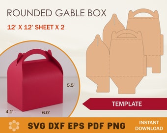 Puede incluir: Una plantilla para una caja de gable redondeada con asa. La plantilla está impresa sobre un fondo beige y muestra la caja plegada y desplegada. La caja mide 5,5 pulgadas de alto, 4,1 pulgadas de ancho y 6 pulgadas de profundidad. La plantilla está etiquetada como "TEMPLATE". El texto "ROUNDED GABLE BOX" y "12' X 12' SHEET X 2" está impreso encima de la plantilla. El texto "SVG DXF EPS PDF PNG" y "INSTANT DOWNLOAD" está impreso debajo de la plantilla.