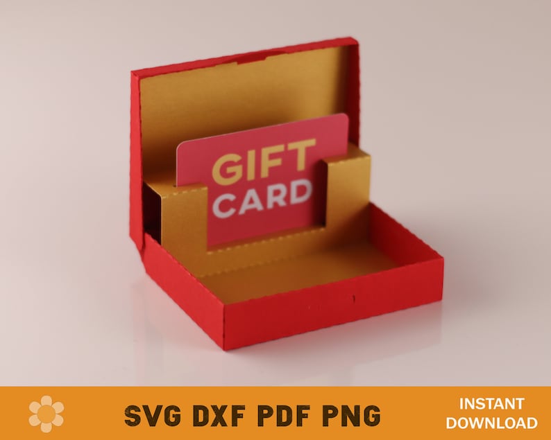 May include: A red and gold gift card holder with a slot for a gift card. The holder is open and the gift card is visible. The gift card says "Gift Card" in white letters on a red background.