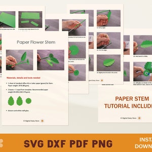 May include: Paper flower stem craft tutorial with instructions on how to make a paper flower stem. The tutorial includes a list of materials needed, such as green paper, scissors, and glue. The instructions are illustrated with photos of each step.