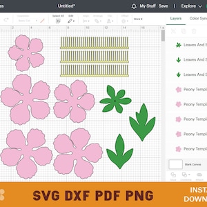 May include: A digital design file for a layered paper peony flower. The design includes multiple layers of petals, leaves, and sepals. The design is shown on a gridded background.
