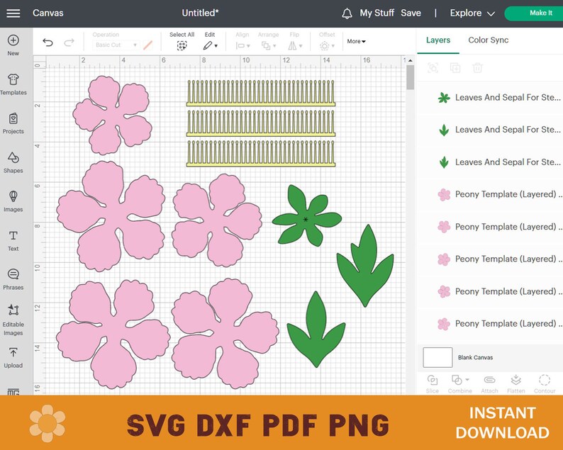 May include: A digital design file for a layered paper peony flower. The design includes multiple layers of petals, leaves, and sepals. The design is shown on a gridded background.