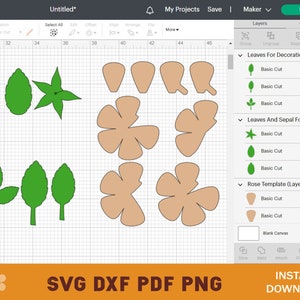 May include: A computer screen displaying a design program with a rose template and leaves. The design program has a toolbar with options for selecting, editing, aligning, arranging, and flipping the design elements. The design elements are grouped into layers, including "Leaves for Decorations", "Leaves and Sepal for Stem", and "Rose Template (Layered)". The design elements are in various shades of green and brown.