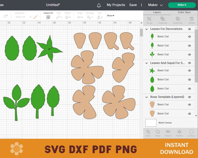 May include: A computer screen displaying a design program with a rose template and leaves. The design program has a toolbar with options for selecting, editing, aligning, arranging, and flipping the design elements. The design elements are grouped into layers, including "Leaves for Decorations", "Leaves and Sepal for Stem", and "Rose Template (Layered)". The design elements are in various shades of green and brown.