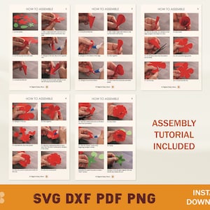 May include: A digital download of SVG, DXF, PDF, and PNG files for a paper flower craft project. The image shows a step-by-step assembly tutorial for creating a red paper flower. The text "ASSEMBLY TUTORIAL INCLUDED" is displayed in large, bold letters.