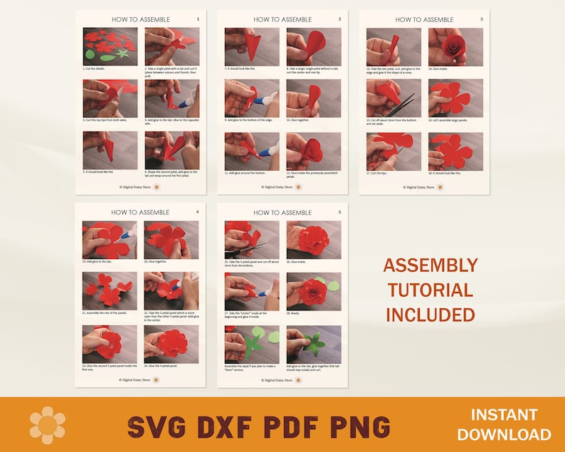May include: A digital download of SVG, DXF, PDF, and PNG files for a paper flower craft project. The image shows a step-by-step assembly tutorial for creating a red paper flower. The text "ASSEMBLY TUTORIAL INCLUDED" is displayed in large, bold letters.