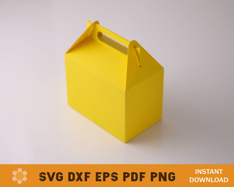 May include: A bright yellow paper box with a handle on top. The box is designed to be folded and assembled.