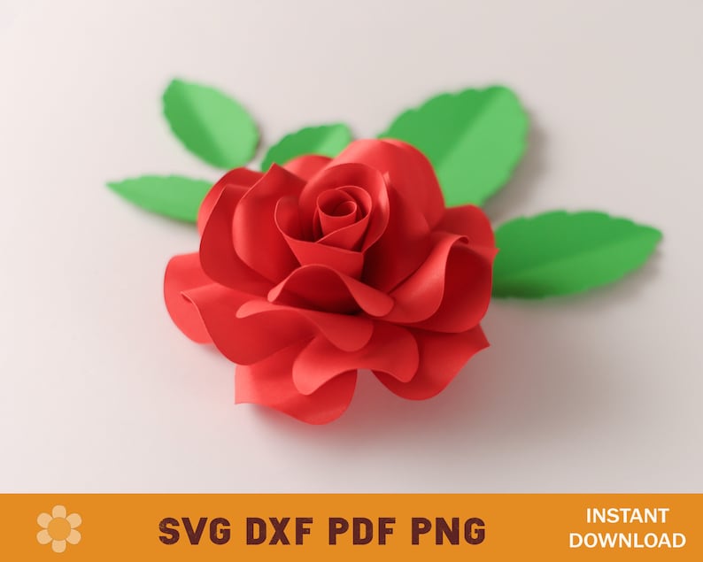 May include: A red paper rose with green paper leaves. The rose is made of multiple layers of paper, giving it a 3D effect.